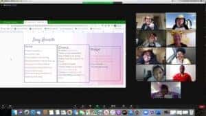 Screenshot from a live group Telehealth session offered in partnership with R.I.S.E. Arts Center of Baltimore: AMT's music therapists Kerry & Naomi are pictured with R.I.S.E. young artists and music therapy practicum students for a virtual songwriting group. Watch their final songwriting project here. 